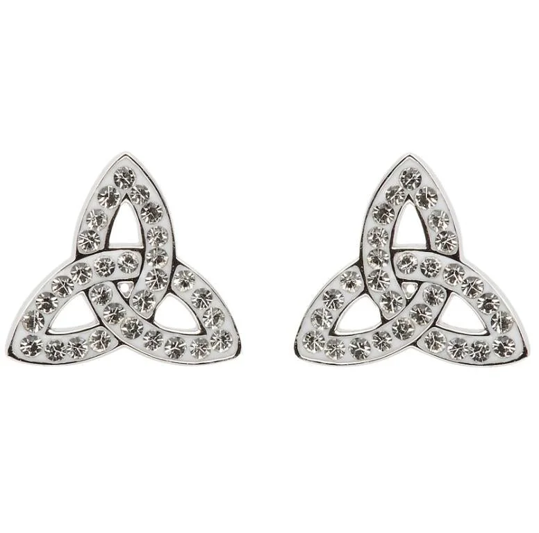 Trendy Gold Earrings For Glamorous Looks-Sterling Silver Celtic Trinity Earrings Adorned By White Crystals SW42