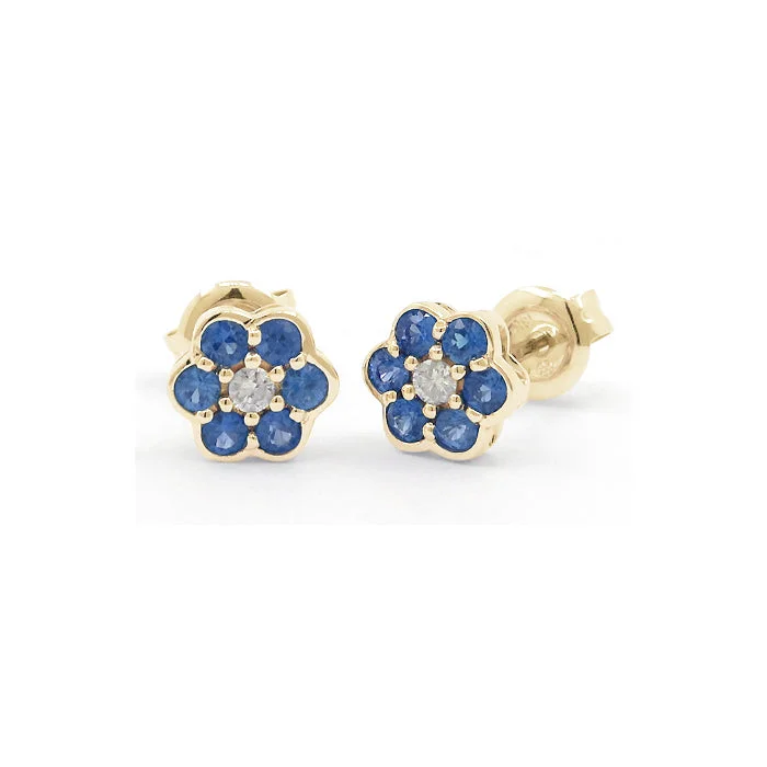 Beautiful Pearl Earrings For Weddings-Sapphire and Diamond Flower Earrings, 14K Yellow Gold