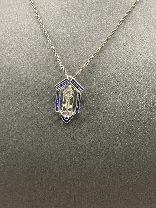 Unique Bar Pendant Necklaces For Modern Fashion-Antique Ladies 14 Karat White Gold Diamond Cathedral Blue Enamel Pendant