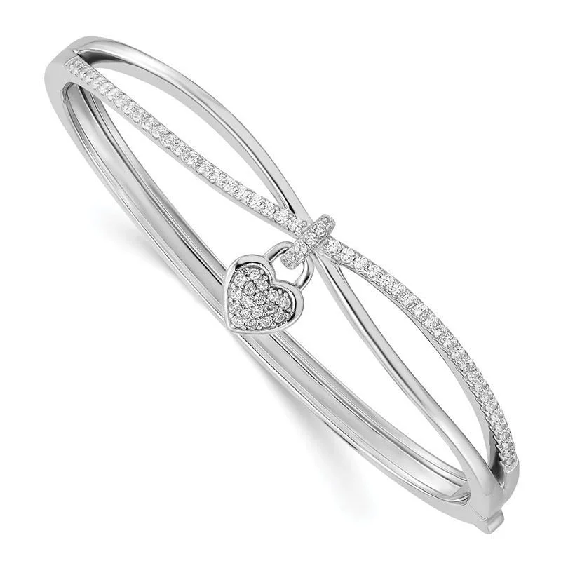 Bangles For Festive Outfits-Sterling Silver Rhodium-plated CZ Heart Dangle Hinged Bangle