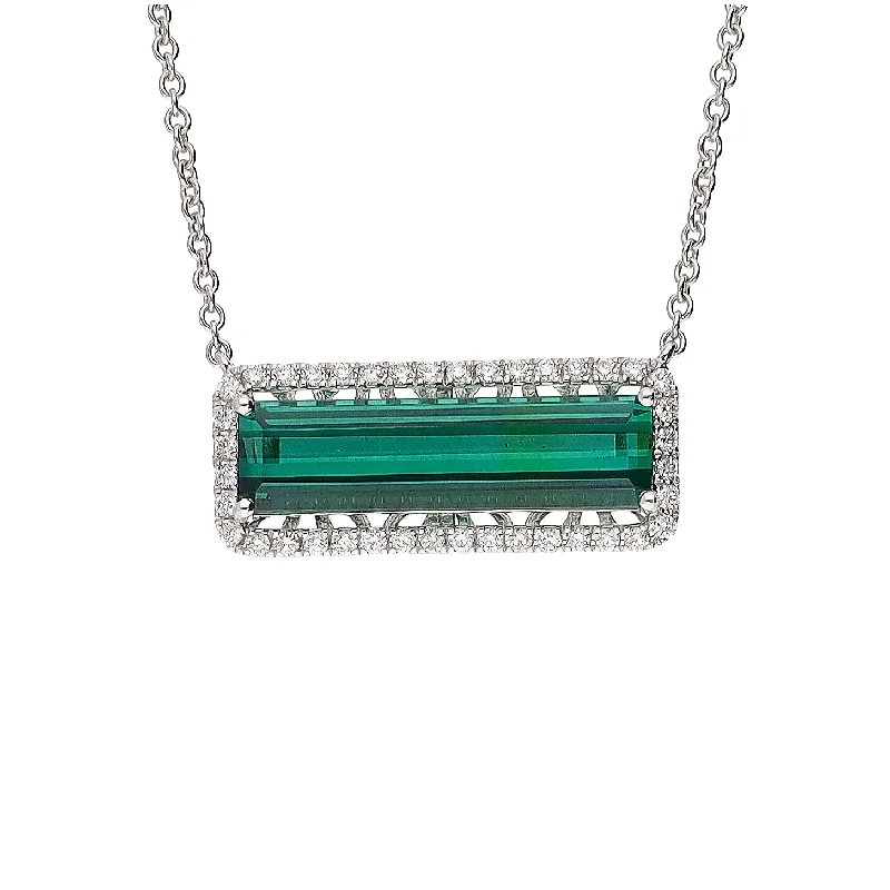 Classic Gold Necklace For Everyday Style-18K White Gold Emerald Cut Green Tourmaline & Diamond 16" Necklace