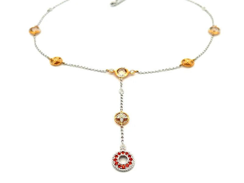 Colorful Crystal Pendant Necklaces For Evening Wear-Mandarin Garnet Smokey Topaz and Diamond Necklace in 14k White and Yellow Gold