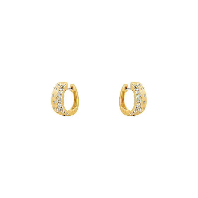 Trendy Crystal Earrings For Holiday Wear-14 Karat Yellow Gold Matte' Oval Wide Hoop with White Flush Set Diamonds