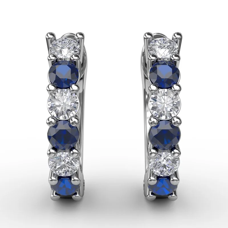 Trendy Dangle Earrings For Casual Look-FANA Shared Prong Sapphire and Diamond Hoop Earrings ER1494S