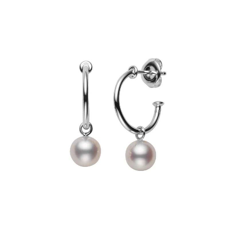 Silver Earrings With Rose Gold Accents-Classic Akoya Cultured Pearl Semi Hoop Earrings