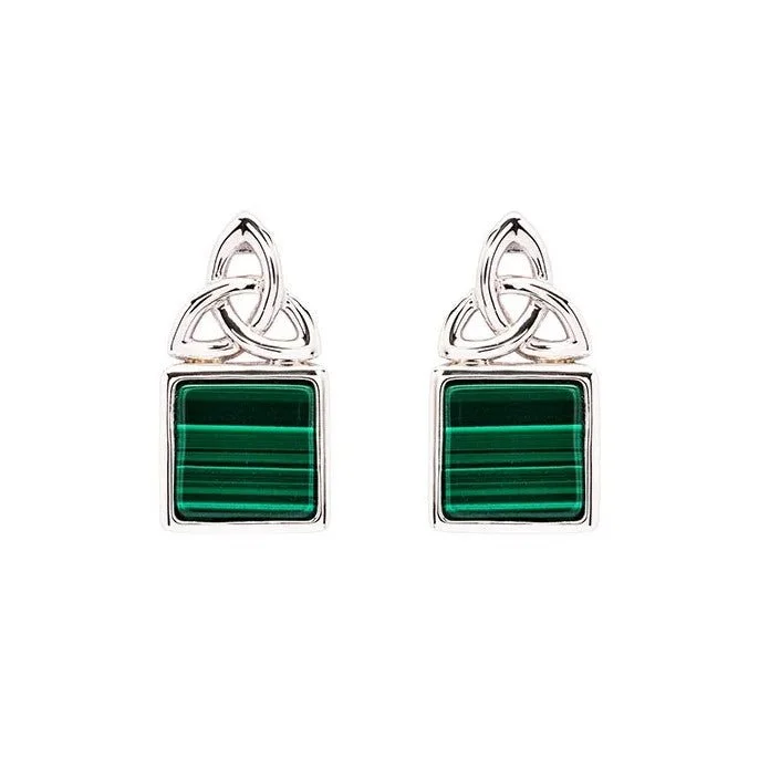 Personalized Gemstone Earrings For Custom Gifts-Sterling Silver Malachite Trinity Post Earrings SE2332