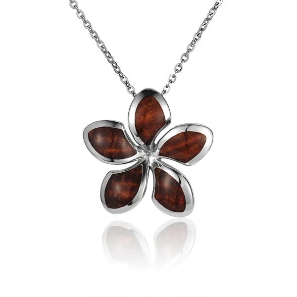 Trendy Beaded Necklaces For Bold Style-Sterling Silver Koa Wood Stylish Plumeria Flower Pendant 18" Necklace