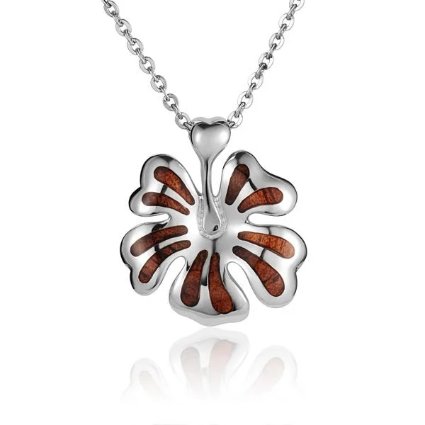 Classic Silver Bar Necklaces For Everyday Fashion-Sterling Silver Koa Wood Stylish Hibiscus Flower Pendant 18" Necklace