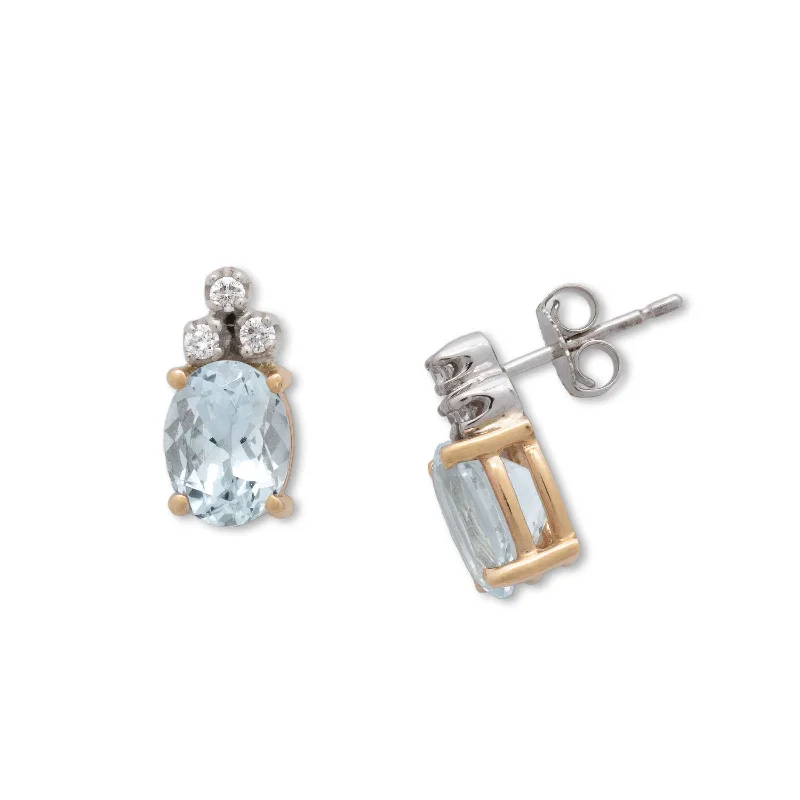 Gemstone Earrings For Unique Vibes-Aquamarine Oval Earrings with Diamond Tops, 14 Karat Gold