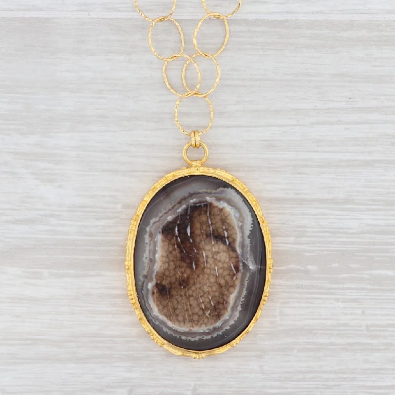 Fashionable Bar Necklaces For Chic Looks-New Nina Nguyen Druzy Quartz Agate Pendant Necklace Sterling Silver 22k Gold 21"