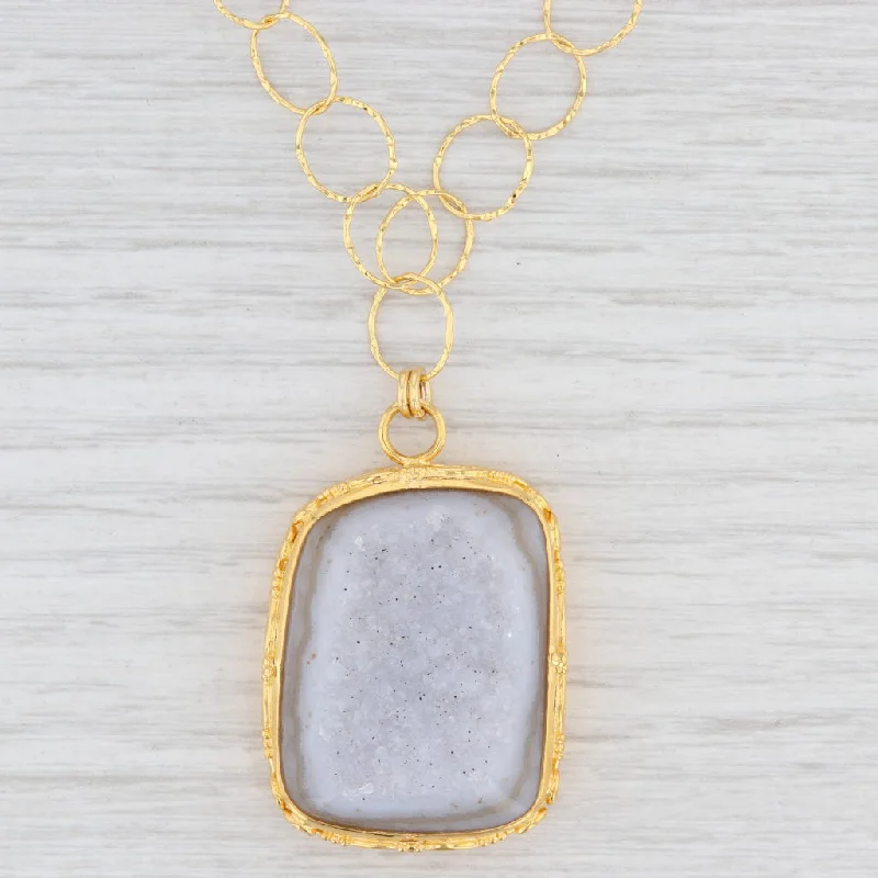 Beautiful Bead Necklaces For Summer Fashion-New Nina Nguyen White Druzy Quartz Agate Pendant Necklace Gold Vermeil Sterling