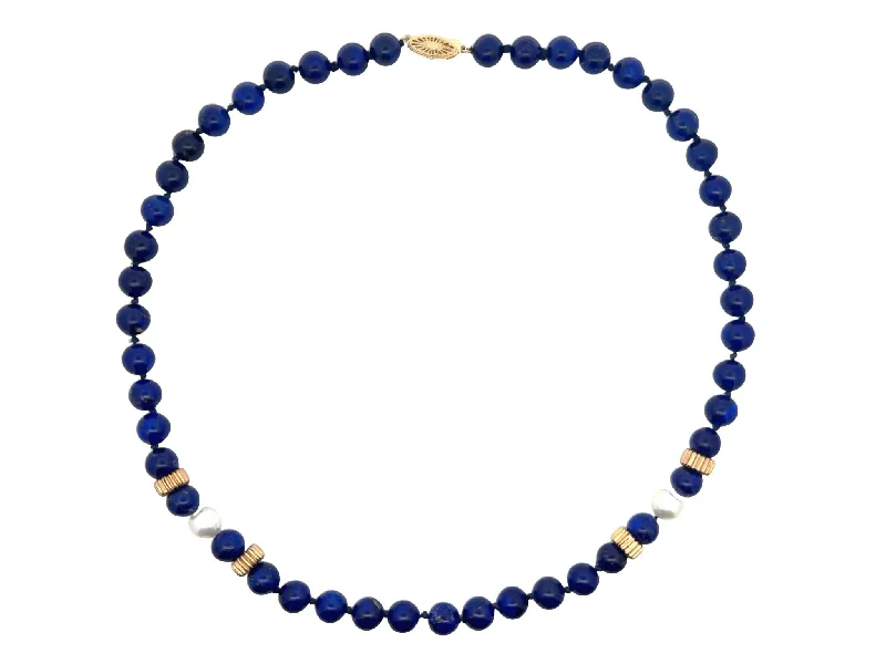 Elegant Gold Pendant Necklaces For Special Occasions-Lapis Lazuli and Pearl Necklace 14k Yellow Gold