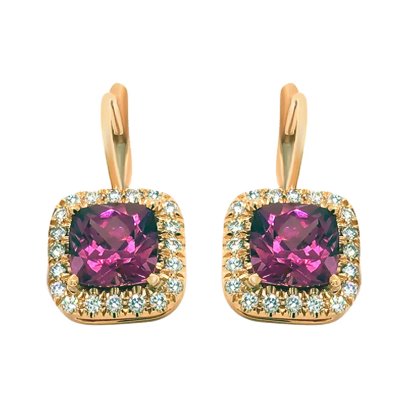 Fashion Hoop Earrings For Women-Cushion Garnet and Diamond Halo Drop Earrings