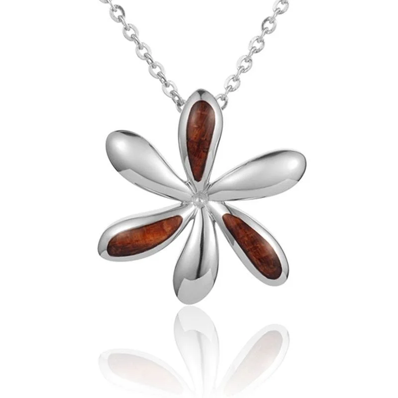 Beautiful Gold Bar Necklaces For Simple Glam-Sterling Silver Koa Wood Offset Inlay Tiare Flower Pendant18" Necklace