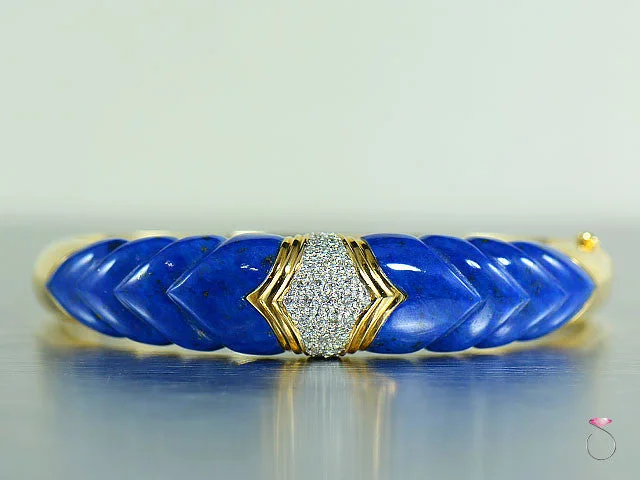 Bangles For Casual Outfits-Vintage Lapis Lazuli Diamond Bangle Bracelet in 14K Gold