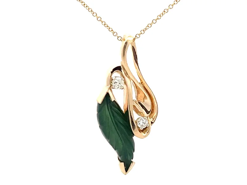 Long Silver Necklaces For Fashionistas-Green Agate Leaf and Diamond Necklace 14K Yellow Gold