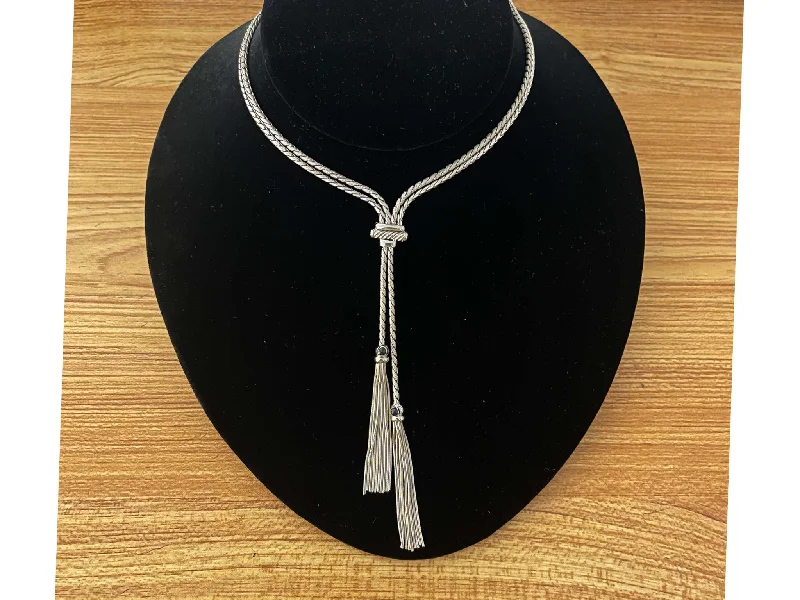 Silver Chain Necklaces For Minimalist Vibes-Lariette Tassle Necklace with Blue Sapphires in 14k White Gold