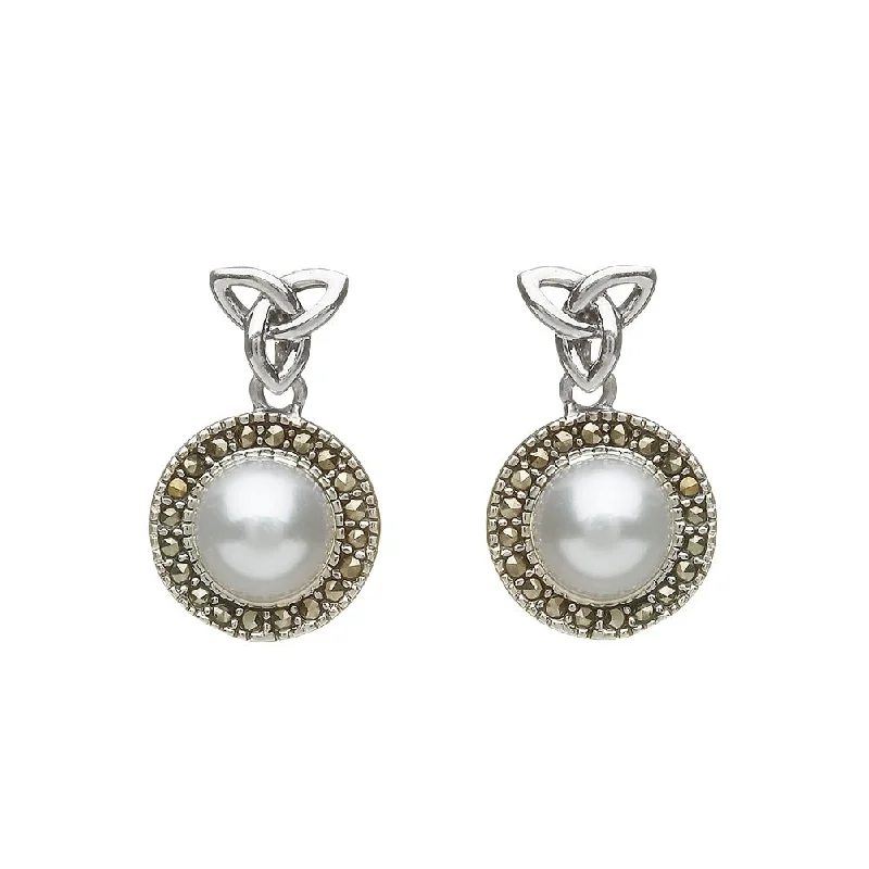 Luxury Gemstone Earrings For Special Occasions-Sterling Silver Marcasite Trinity Fresh Water Pearl Earrings - ANU2081