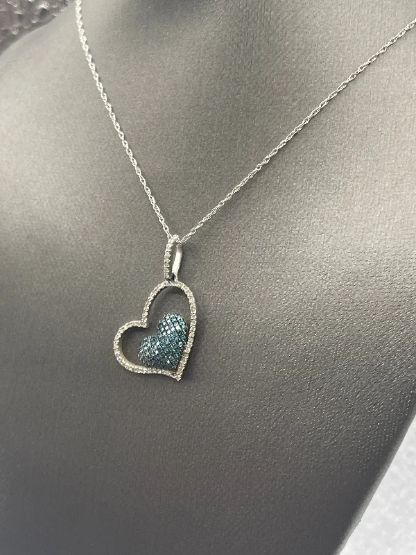 Silver Pendant Necklaces For Elegant Look-Ladies 10 Karat Solid White Gold Blue and White Diamond Heart Necklace