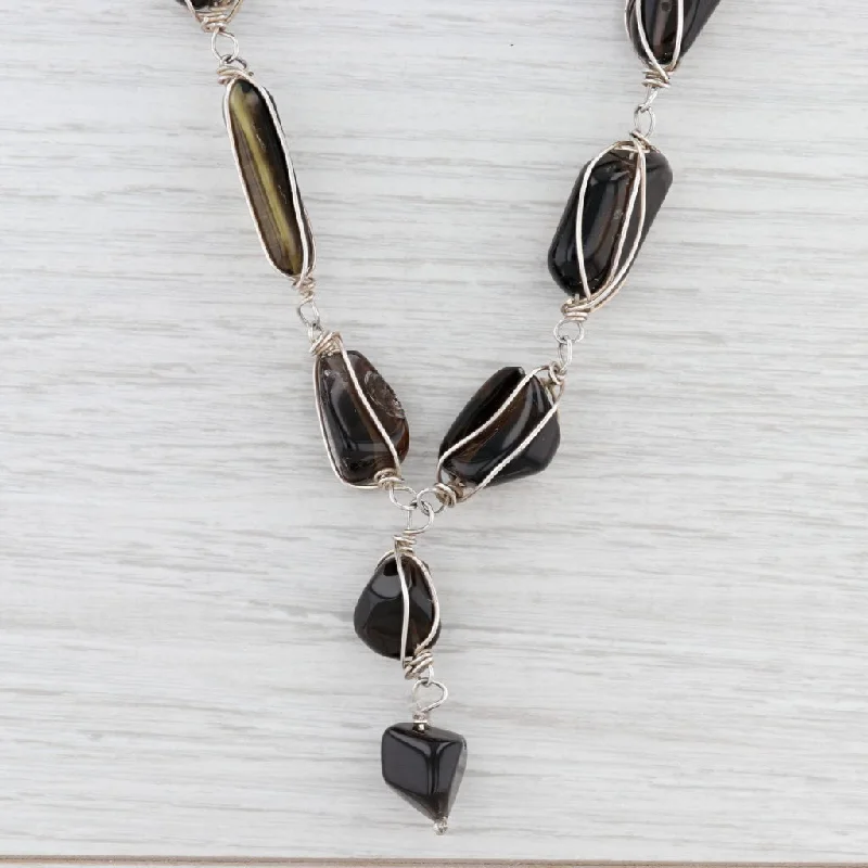 Classic Chain Necklaces For Every Occasion-New Smoky Quartz Lariat Statement Necklace Sterling Silver 20.75" Brown Stones