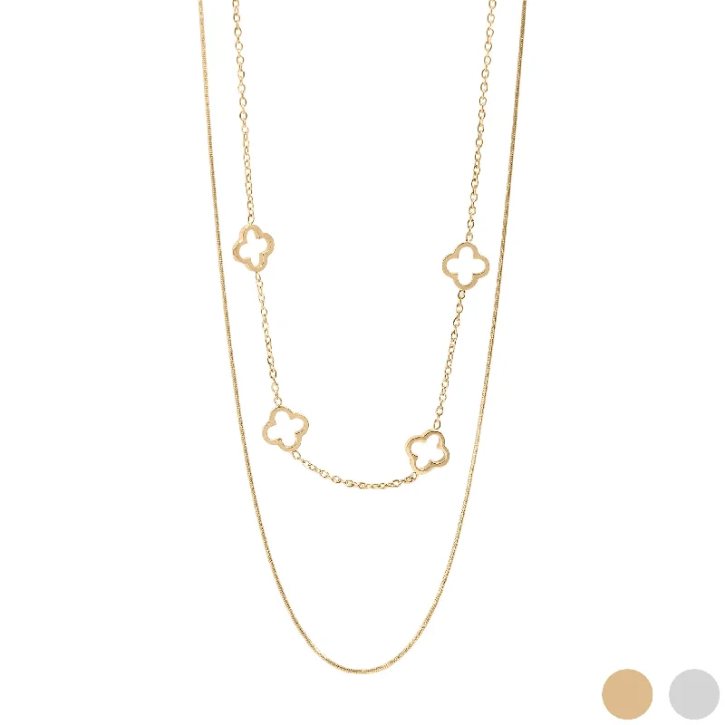 Fashionable Long Necklaces For Bold Looks-18K Gold PVD Stainless Steel Layered Clover Charm Necklace / CHN0020