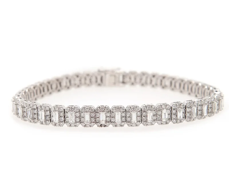 Bracelets With Starry Designs-New 4.87ctw Baguette and Round Diamond Tennis Bracelet in 14K