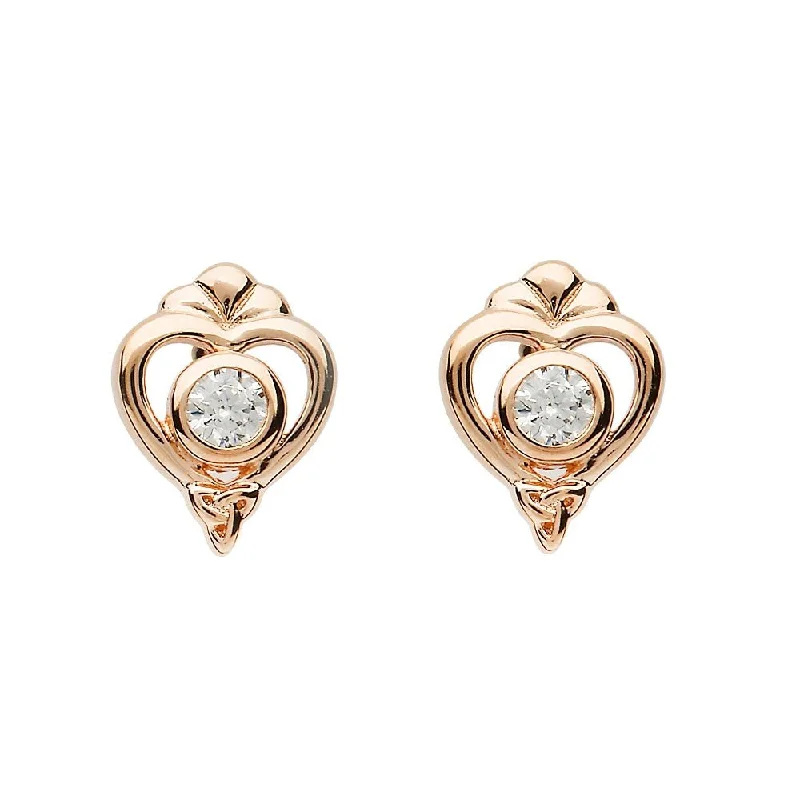 Chic Boho Earrings For Festivals-Tara's Diary Sterling Silver Princess CZ Earrings with Rose Gold Heart - TD238