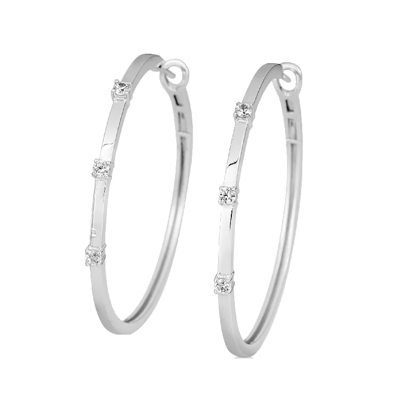 Sparkling Stud Earrings For Evening Glam-White Sapphire Hoop Earrings, 2 Inches, Sterling Silver