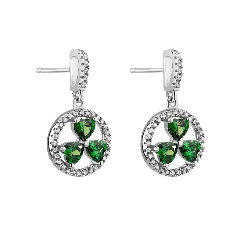 Stylish Resin Hoop Earrings For Trendy Wear-Sterling Silver Circle Shamrock Post Earrings with Green CZ Stones - S33964