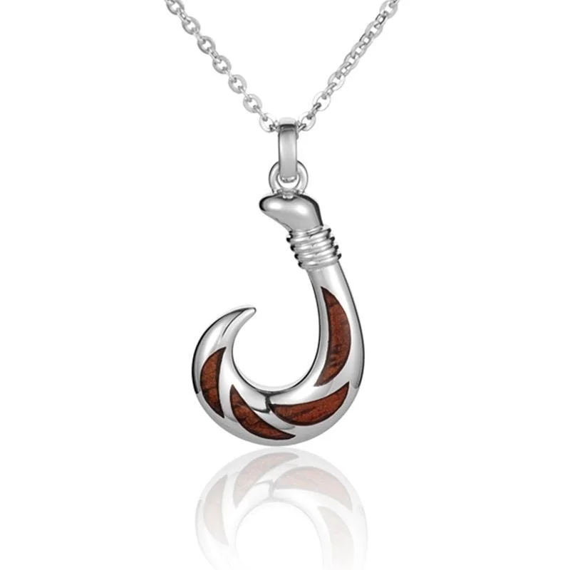 Bold Bead Necklaces For Casual Wear-Sterling Silver Koa Wood Small Fishing Hook Pendant18" Necklace