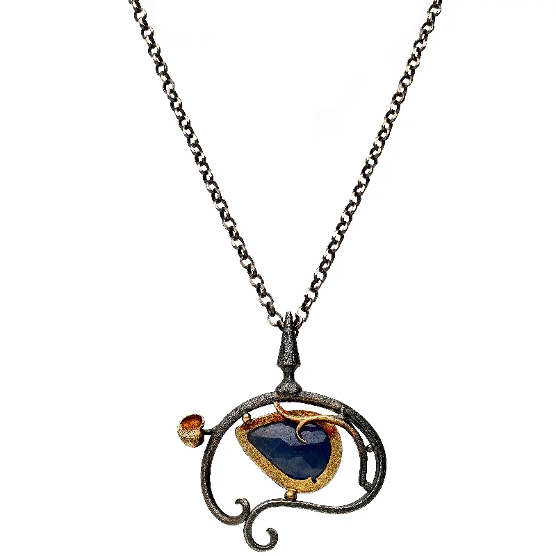 Stunning Heart Necklaces For Special Occasions-Bora Jewelry of Brooklyn Sterling Silver & Bronze Necklace w/ Pear Shaped Sapphire