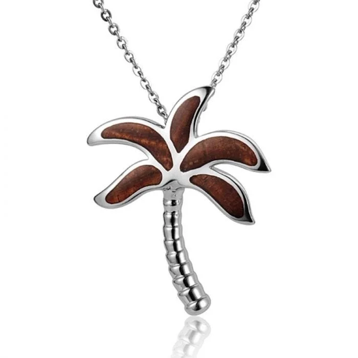 Classic Gold Pendant Necklaces For Formal Wear-Sterling Silver Koa Wood Palm Tree Pendant18" Necklace