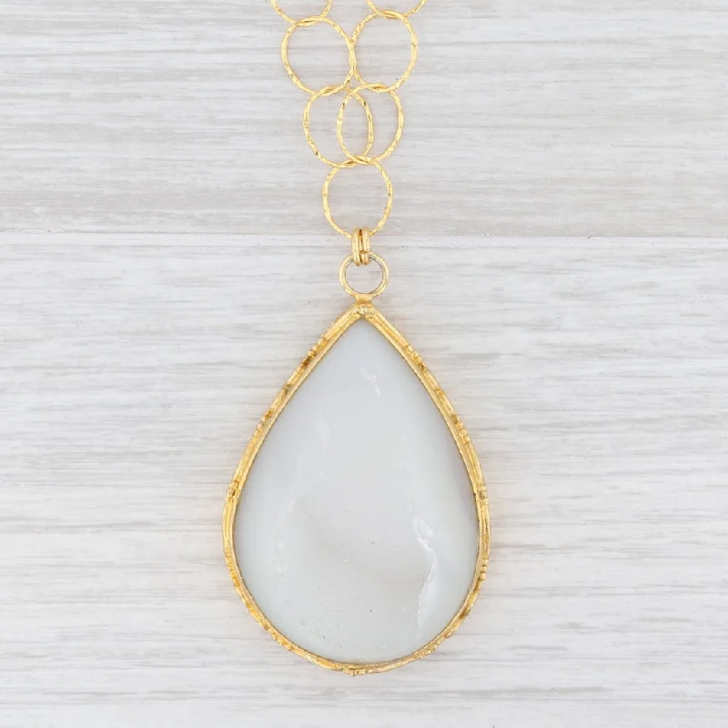 Classic Gold Pendant Necklaces For Formal Wear-New Nina Nguyen White Druzy Quartz Agate Pendant Necklace Sterling Gold Vermeil