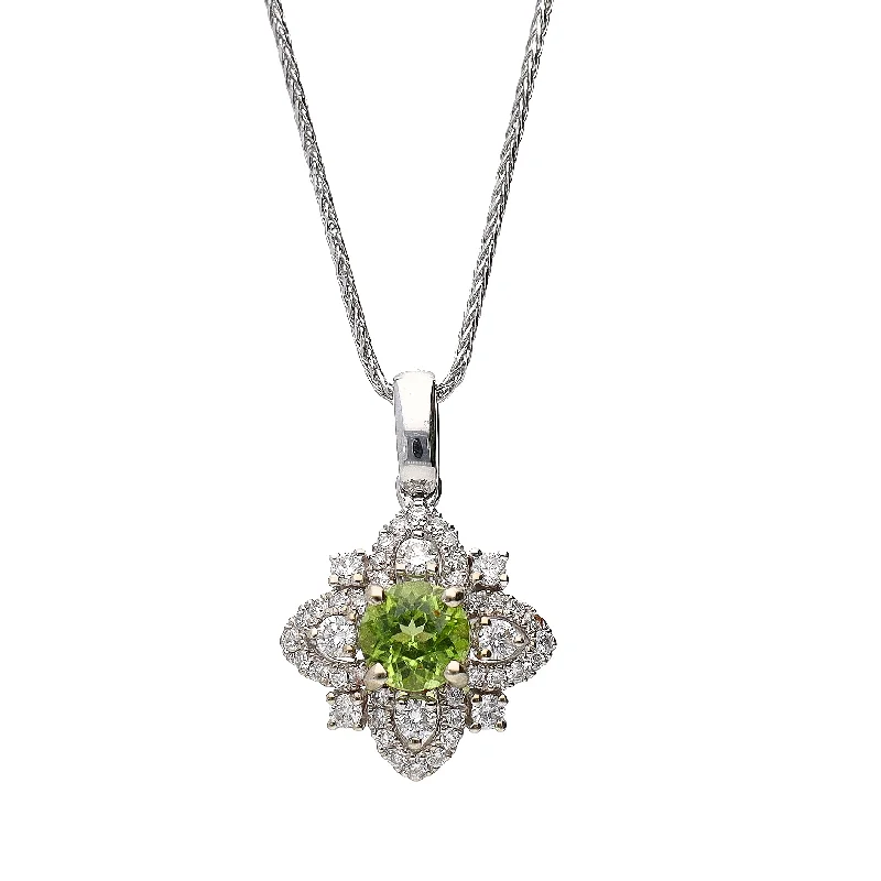 Simple Gemstone Necklaces For Elegant Look-14K White Gold Round Peridot & Diamond Pendant on 18" Superflex Wheat Chain