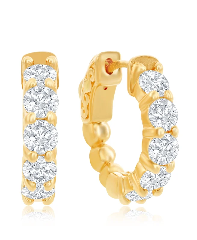 Classic Pearl Earrings For Vintage Style-14K Yellow Gold Huggie Hoop Earrings with 1.50ct Diamonds