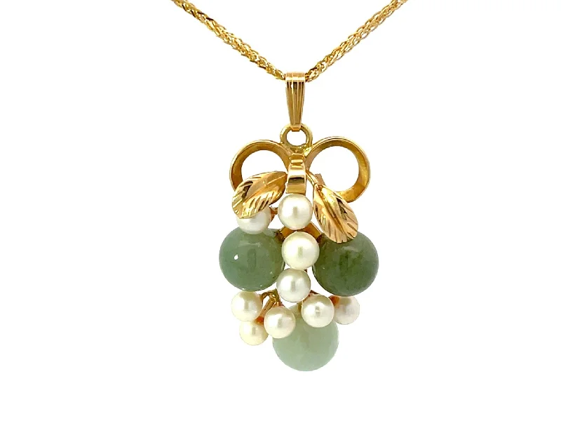 Bold Crystal Pendant Necklaces For Casual Wear-Mings Hawaii Round Jade Pearl Leaf Necklace 14k Yellow Gold