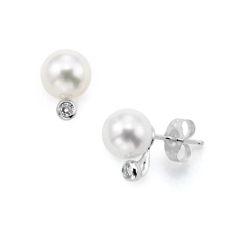 Elegant Drop Earrings For Weddings-Akoya Cultured Pearl and Bezel Set Diamond Earrings, 14K White Gold