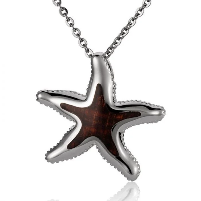 Colorful Crystal Necklaces For Chic Fashion-Sterling Silver Koa Wood Starfish Pendant18" Necklace