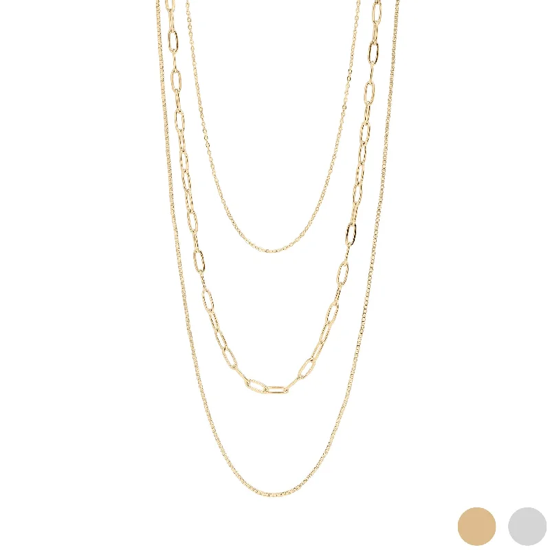 Simple Gold Chain Necklaces For Elegant Style-18K Gold PVD Stainless Steel Loop, Box, and Paperclip Layered Chain Necklace / CHN0015