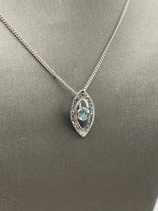 Elegant Pendant Necklaces For Formal Occasions-Antique Ladies 14 Karat White Gold Aquamarine Filagree Pendant