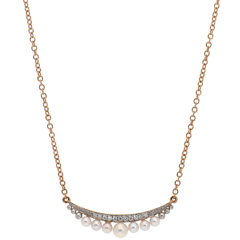 Layered Pearl Necklaces For Bridal Fashion-14K Rose Gold Diamond Bar and Pearl Necklace