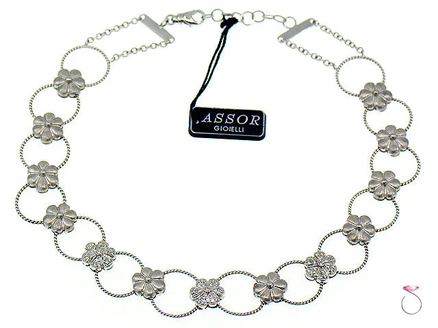 Gold Pendant Necklaces For Fashionable Women-Diamond Flower Design Choker Necklace 18k Gold, 0.70 ctw. By Assor Gioielli