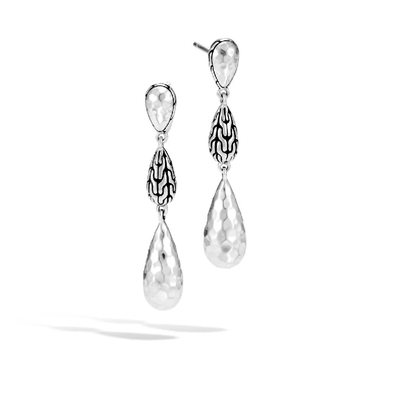 Luxury Diamond Earrings For Weddings-Classic Chain Hammered Silver Long Drop Earrings