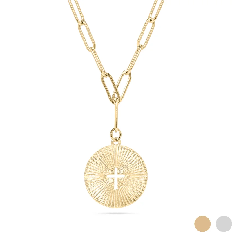 Bold Gold Necklaces For Fashionistas-18K Gold PVD Stainless Steel Sunburst Cross Paperclip Pendant Necklace / CHN9968