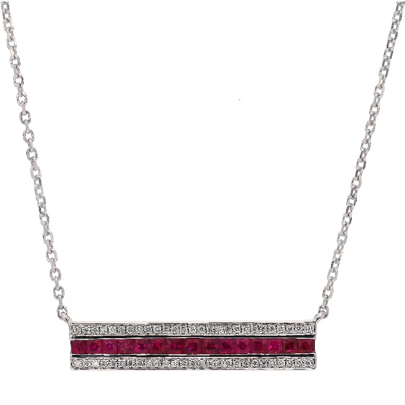 Elegant Wedding Necklaces For Bridal Glam-14K White Gold Diamond and Ruby Bar Station Necklace