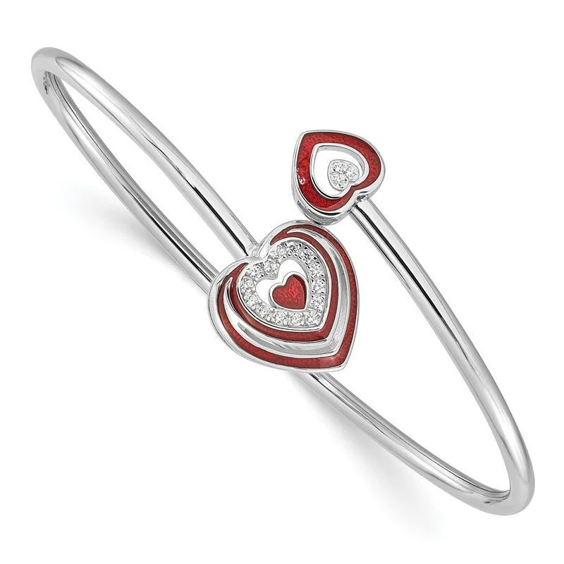 Bangles For High Fashion-Sterling Silver Rh-plated CZ Red Enamel Heart Flexible Cuff Bangle Bracelet