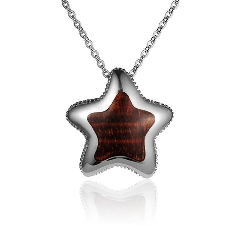 Custom Heart Shape Necklaces For Girlfriend Gifts-Sterling Silver Koa Wood Solid Inlay Cushion Starfish Pendant18" Necklace