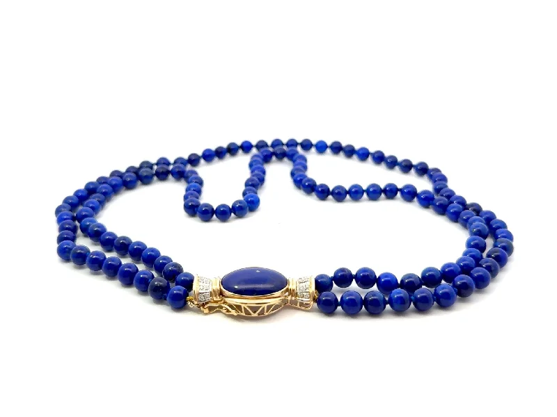 Statement Bar Necklaces For Bold Looks-Lapis Lazuli Double Stranded Beaded Necklace Diamond Clasp 14k Yellow Gold