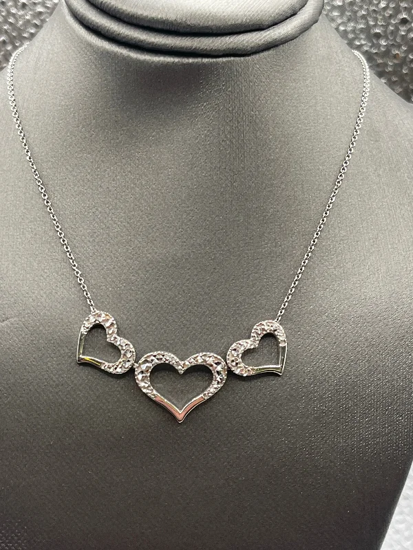 Custom Message Necklaces For Personalized Jewelry-Ladies 14 Karat Solid White Gold Triple Heart Diamond Necklace