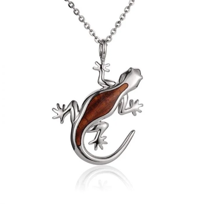 Dainty Crystal Necklaces For Casual Chic-Sterling Silver Koa Wood Gecko Pendant18" Necklace